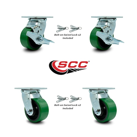Service Caster 4 Inch Green Poly on Steel Caster Set with Roller Bearings 4 Swivel Lock 2 Brake SCC-30CS420-PUR-GB-TLB-BSL-2-BSL-2